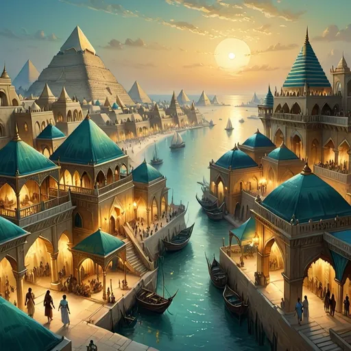 Prompt: Top-down Anton Pieck style illustration of a large port city, grand Arabian palace overlooking, the port has many stone quays, desert sand, summer, the sea shore in the background, pyramids in the distance, exotic atmosphere, soft tones, nightfall, golden hour, desert, detailed buildings, crowded streets, exotic setting, warm lighting, intriguing, mysterious, bustling city, grand palace, pyramids, blue-green ocean, mysterious, soft tones, nightfall, golden hour, desert shore, fantasy, heartwarming lighting