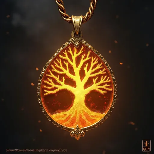 Prompt: a fantasy art image for a magical item in a dungeons and dragons fifth edition campaign, highly detailed, dramatic lighting, a magical pendant in the form of a burned tree, the pendant is fashioned from gold and amber and glows with a holy light