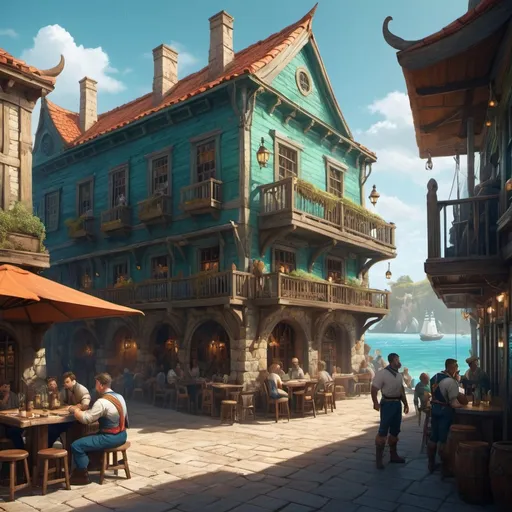 Prompt: (fantasy concept art illustration), the exterior of a tavern for sailors, (exotic atmosphere), vivid colors, warm midday lighting, detailed buildings, a crowd of sailors outside and inside the tavern, some of the sailors are cat-people, newly rebuilt stone port in the foreground, sparkling blue-green ocean, intriguing mysterious surroundings, intricate rowdy scene, captivating visual narrative, immersive ambiance, beautifully illustrated details, (high-quality render), ultra-detailed, cinematic depth, dynamic composition.