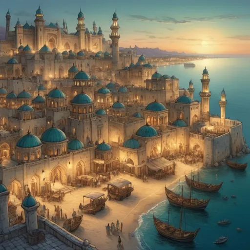 Prompt: Top-down Anton Pieck style illustration of a large port city, grand ottoman palace overlooking, the port has many stone quays, desert sand, summer, the sea shore in the background, exotic atmosphere, soft tones, nightfall, golden hour, desert, detailed buildings, crowded streets, exotic setting, warm lighting, intriguing, mysterious, bustling city, grand palace, blue-green ocean, mysterious, soft tones, nightfall, golden hour, desert shore, fantasy, heartwarming lighting