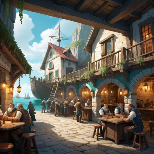 Prompt: (fantasy concept art illustration), the exterior of a tavern for sailors, (exotic atmosphere), vivid colors, warm midday lighting, detailed buildings, a crowd of sailors outside and inside the tavern, the sailors include humans and dwarves and cat people, newly rebuilt stone port in the foreground, sparkling blue-green ocean, intriguing mysterious surroundings, intricate energizing scene, captivating visual narrative, immersive ambiance, beautifully illustrated details, (high-quality render), ultra-detailed, cinematic depth, dynamic composition.