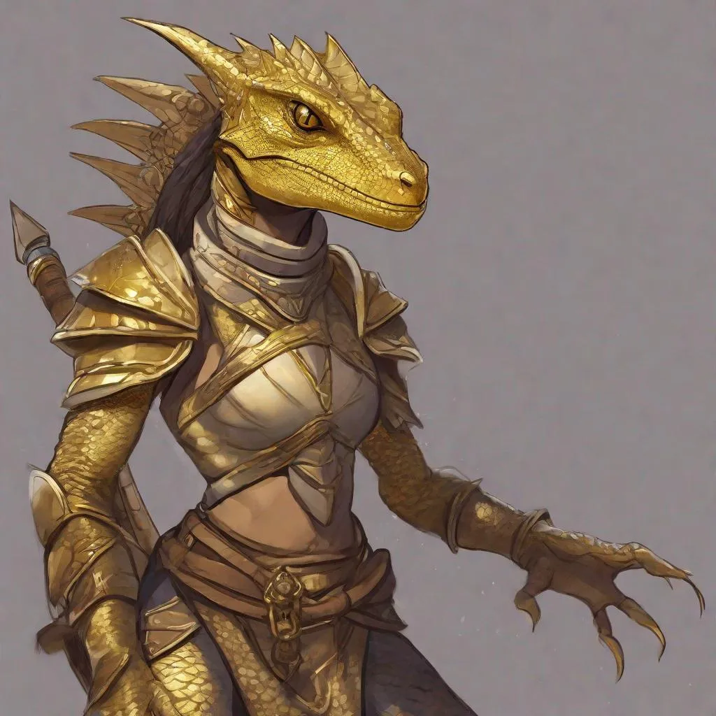 Prompt: a golden skin female lizardfolk warrior, in a fantasy concept style