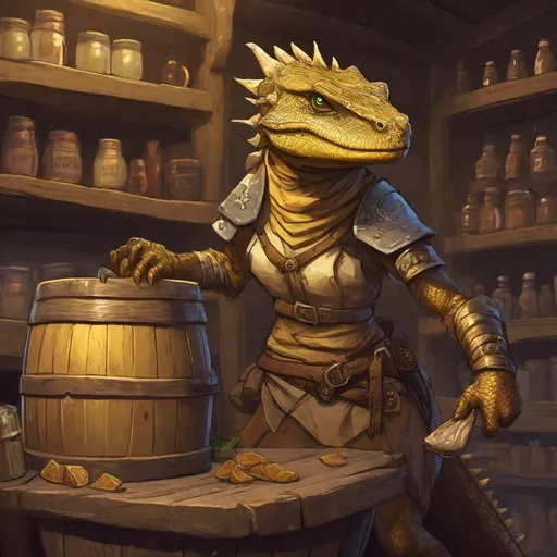 Prompt: a golden female lizardfolk warrior, Stealing jerky from a barrel in a general store in a fantasy concept style