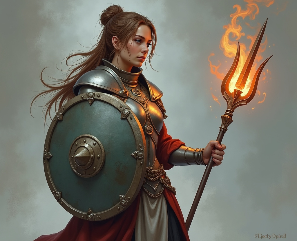 Prompt: fantasy rpg female half elf cleric, walnut colored hair, generous chest, plate armor, large heater shield, a flaming trident in her left hand