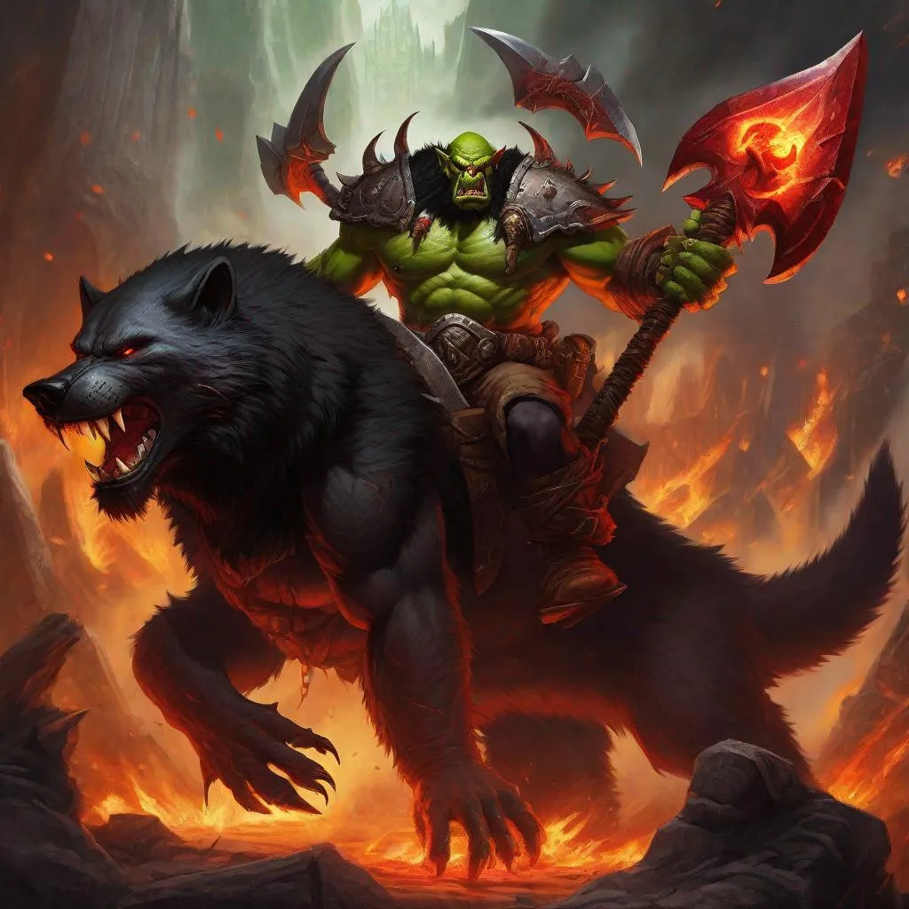 Prompt: a warcraft orc rides into a fiery battle, the orc is mounted on a black wolf, the orc has a giant battle axe in his hand