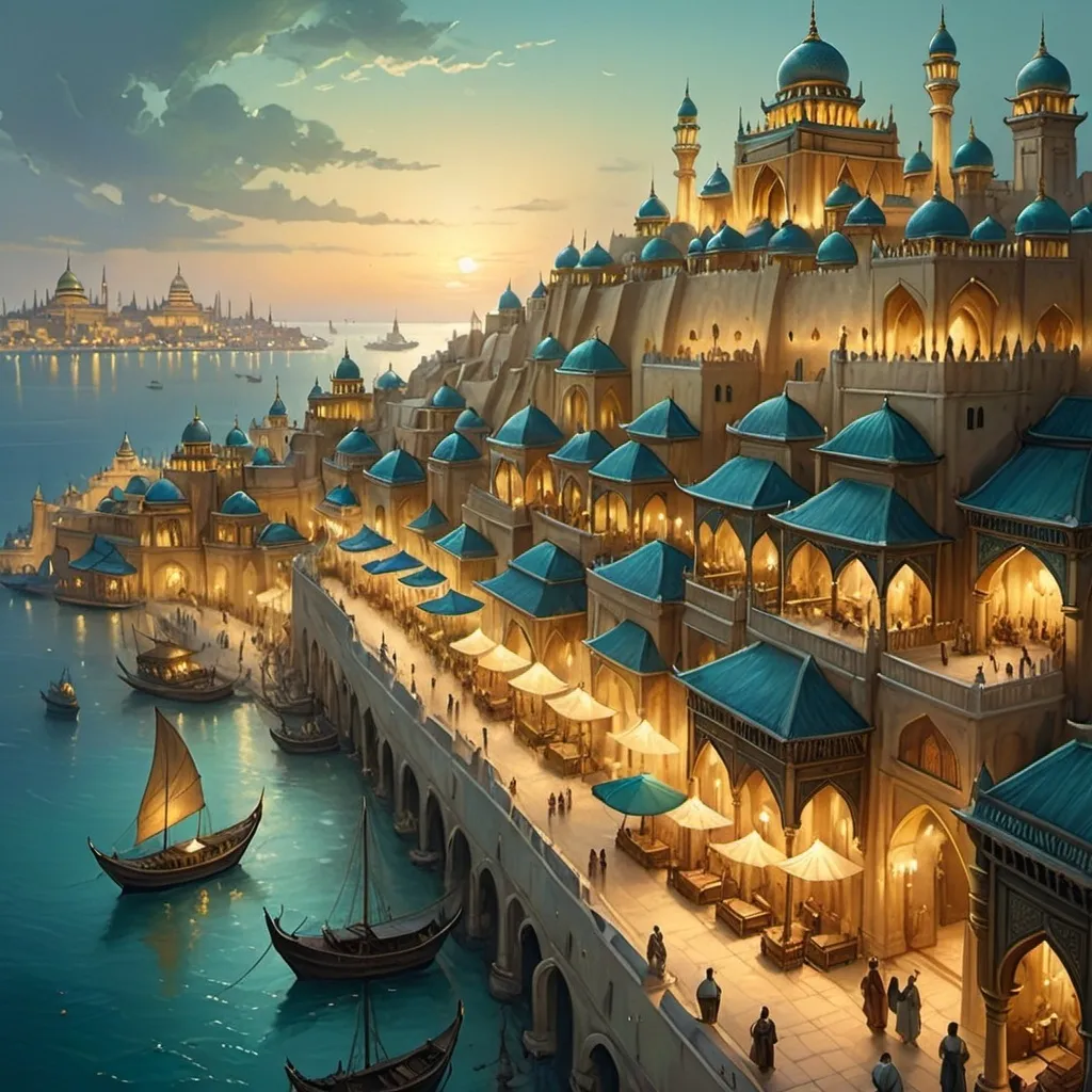 Prompt: Top-down Anton Pieck style illustration of a large port city, grand ottoman palace overlooking, the port has many stone quays, desert sand, summer, the sea shore in the background, pyramids in the distance, exotic atmosphere, soft tones, nightfall, golden hour, desert, detailed buildings, crowded streets, exotic setting, warm lighting, intriguing, mysterious, bustling city, grand palace, blue-green ocean, mysterious, soft tones, nightfall, golden hour, desert shore, fantasy, heartwarming lighting