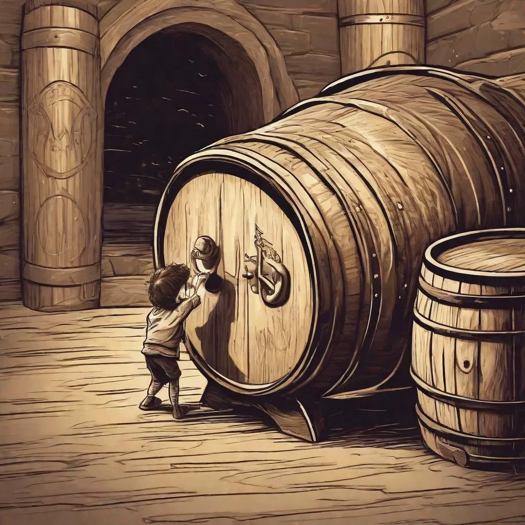 Prompt: a small human male child pushes uselessly against a large barrel of beer, in a fantasy concept style
