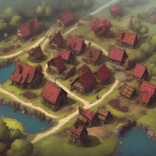 Prompt: an aerial view of a small Medieval village next to a cranberry bog, in a dungeons and dragons fantasy art style