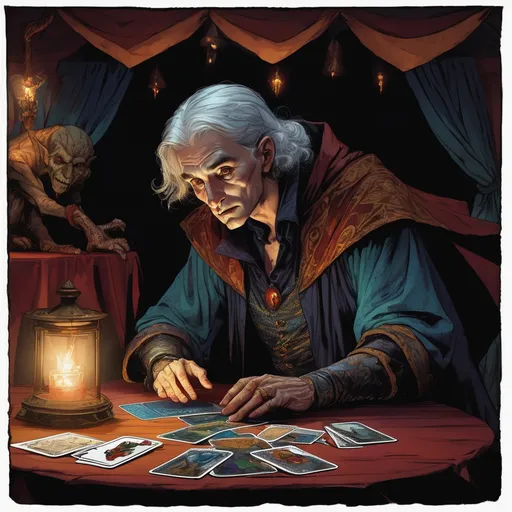 Prompt: a pale young human Male wizard in a dimly lit circus tent leans over a table, the table has tarot cards on it, seated behind the table is a wrinkled old woman, in a dungeons and dragons fantasy art style