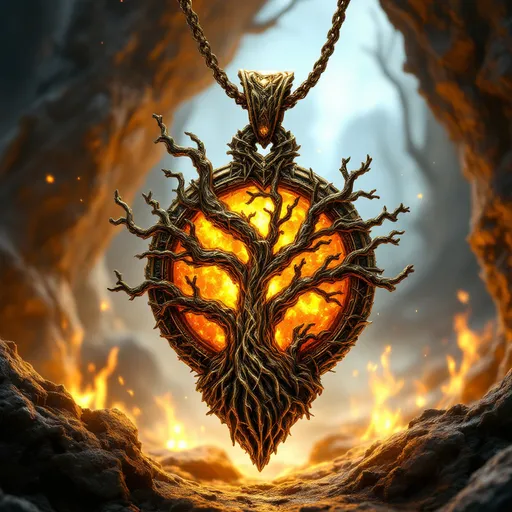 Prompt: a fantasy art image for a magical item in a dungeons and dragons fifth edition campaign, highly detailed, dramatic lighting, a magical pendant in the form of a burned tree, the pendant is fashioned from gold and amber and glows with a holy light