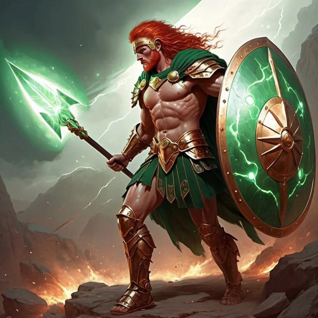 Prompt: a red headed version of Achilles wearing chain armor and robes, with a hoplite shield, his spear glows with spectral green energy, in fantasy art style