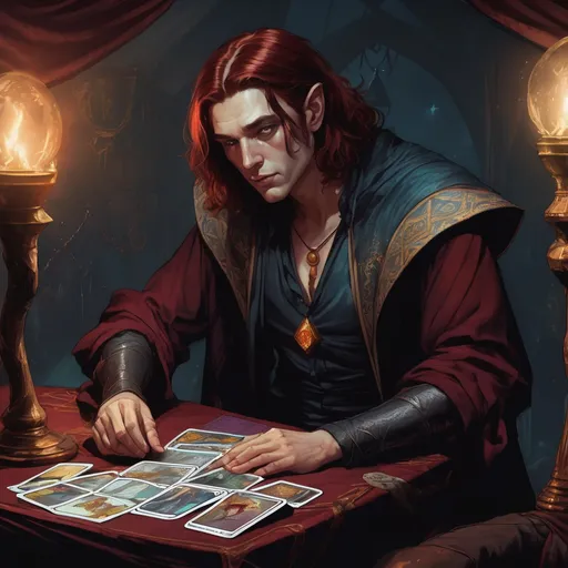 Prompt:  a pale young human Male wizard with dark red hair in a dimly lit circus tent leans over a table, the table has tarot cards on it, in a dungeons and dragons fantasy art style