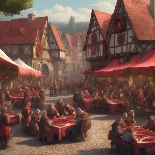 Prompt: a cranberry Festival hosted in a small Medieval village square, in fantasy art style
