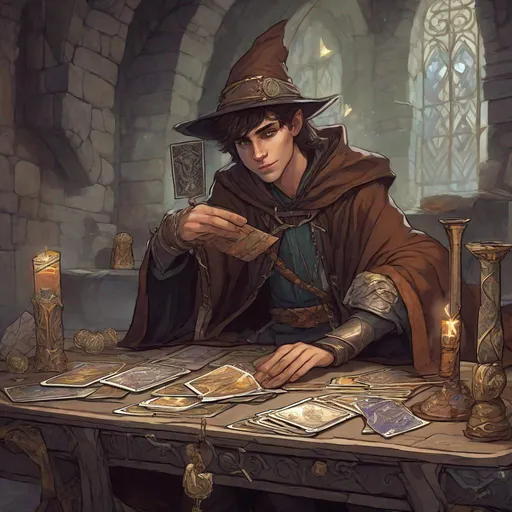 Prompt: a young human Male wizard leans over a table with tarot cards on it, in a dungeons and dragons fantasy art style