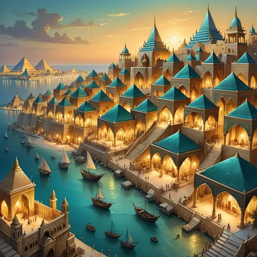 Prompt: Top-down Anton Pieck style illustration of a large port city, grand Arabian palace overlooking, the port has many stone quays, desert sand, summer, the sea shore in the background, pyramids in the distance, exotic atmosphere, soft tones, nightfall, golden hour, desert, detailed buildings, crowded streets, exotic setting, warm lighting, intriguing, mysterious, bustling city, grand palace, pyramids, blue-green ocean, mysterious, soft tones, nightfall, golden hour, desert shore, fantasy, heartwarming lighting