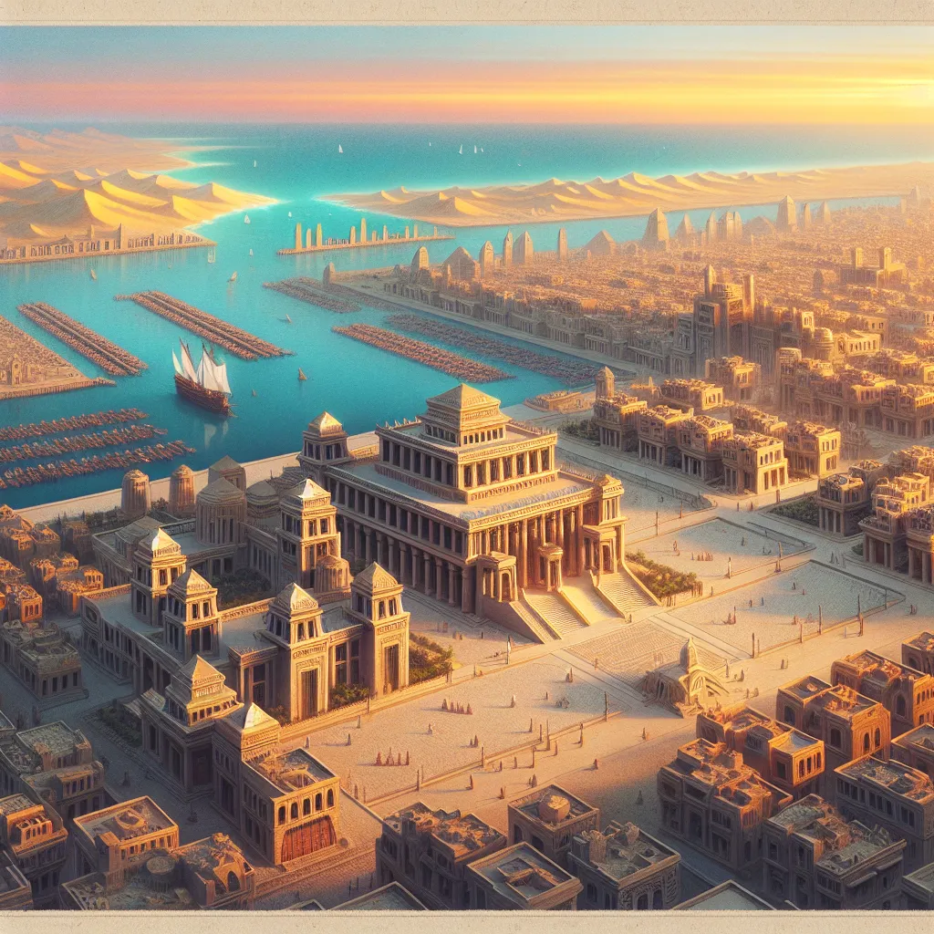 Prompt: Top-down Anton Pieck style illustration of a large port city, grand ottoman palace overlooking, the port has many stone quays, desert sand, summer, the sea shore in the background, pyramids in the distance, exotic atmosphere, soft tones, nightfall, golden hour, desert, detailed buildings, crowded streets, exotic setting, warm lighting, intriguing, mysterious, bustling city, grand palace, pyramids, blue-green ocean, mysterious, soft tones, nightfall, golden hour, desert shore, fantasy, heartwarming lighting