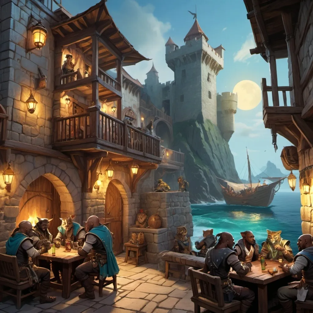 Prompt: (dungeons and dragons concept art), a group of tabaxi pirates drinking and playing games outside of a tavern, the tavern is built into the wall of a fortress, there is a wooden sign hanging above the entrance to the tavern, (exotic atmosphere), vivid colors, cool nighttime lighting, detailed buildings, a crowd of sailors outside and inside the tavern, newly rebuilt stone port in the foreground, sparkling blue-green ocean, intriguing mysterious surroundings, intricate rowdy scene, captivating visual narrative, immersive ambiance, beautifully illustrated details, (high-quality render), ultra-detailed, cinematic depth, dynamic composition.