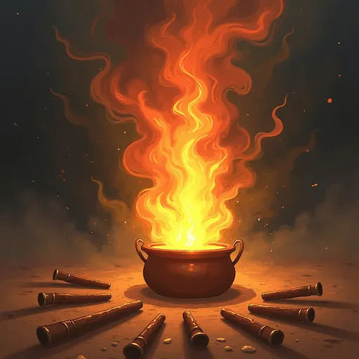 Prompt: an abstract art illustration of God appearing to Abraham as a smoking fire pot and a torch passing between the sacrificial pieces on the ground in Genesis 15