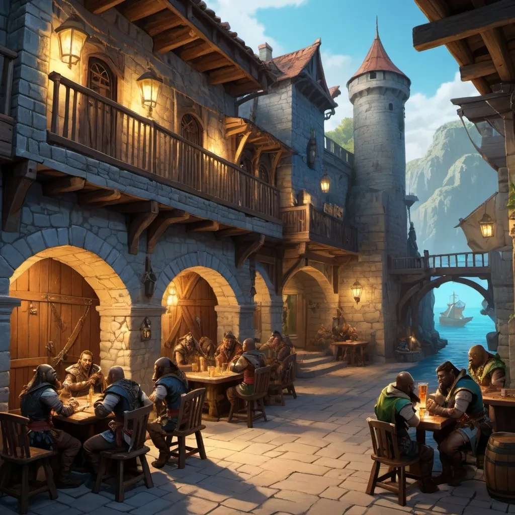 Prompt: (dungeons and dragons concept art), a group of tabaxi pirates drinking and playing games outside of a tavern, the tavern is built into the wall of a fortress, there is a wooden sign hanging above the entrance to the tavern, (exotic atmosphere), vivid colors, cool nighttime lighting, detailed buildings, a crowd of sailors outside and inside the tavern, newly rebuilt stone port in the foreground, sparkling blue-green ocean, intriguing mysterious surroundings, intricate rowdy scene, captivating visual narrative, immersive ambiance, beautifully illustrated details, (high-quality render), ultra-detailed, cinematic depth, dynamic composition.