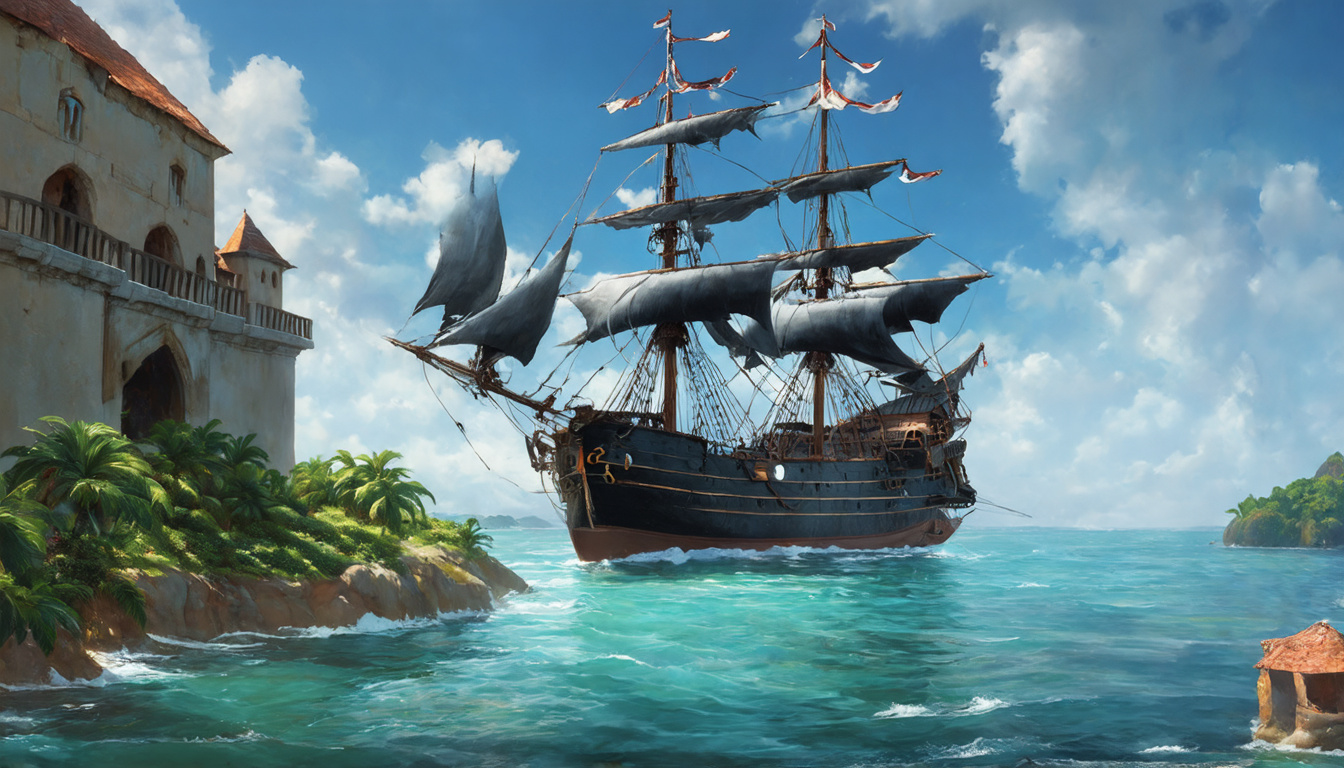 Prompt: a sailing ship with black hull and grey sails, docked alongside a fortress on a tropical island, in the style of fantasy concept art
