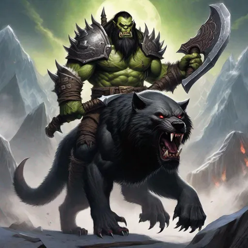 Prompt: a warcraft orc rides into battle, the orc is mounted on a black wolf, the orc has a giant war axe in his hand