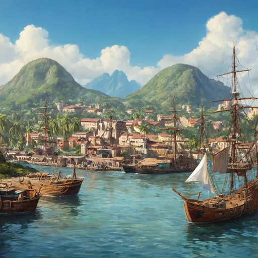 Prompt: A medieval tropical port city in front of line of hills, overlooking a calm bay, with mountains in the background.  There are busy docks with sailing ships in port being unloaded.  Done in the style of fantasy art