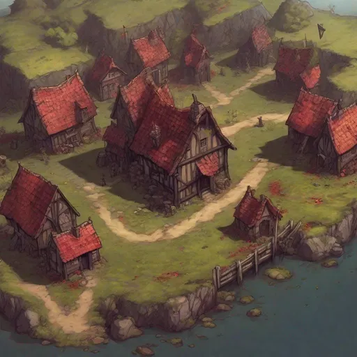 Prompt: an aerial view of a small Medieval village next to a bog full of cranberrys, in a dungeons and dragons fantasy art style