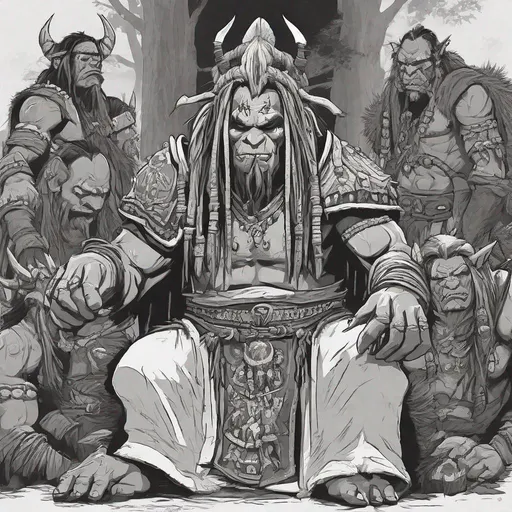 Prompt: a warcraft orc shaman gives a blessing to the warriors of his clan as they prepare for battle