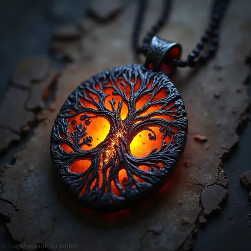 Prompt: a fantasy art image for a magical item in a dungeons and dragons fifth edition campaign, highly detailed, dramatic lighting, a magical pendant in the form of a burned tree, the pendant has been blackened and scorched and shows signs of dark magic having been worked on it