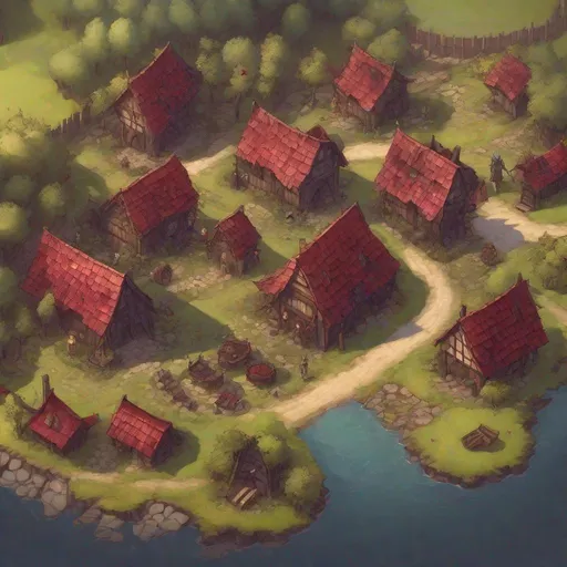 Prompt: an aerial view of a small Medieval village next to a cranberry bog, in a dungeons and dragons fantasy art style