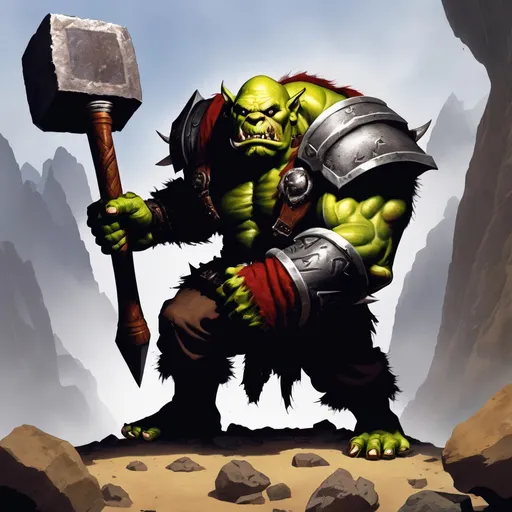 Prompt: an orc smashes a war hammer into a large boulder, in the style of warcraft
