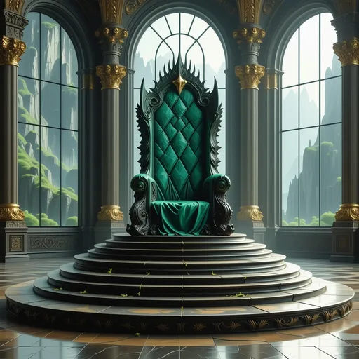 Prompt: (Fantasy style) A great throne room with tall glass windows behind an emerald throne atop a dais