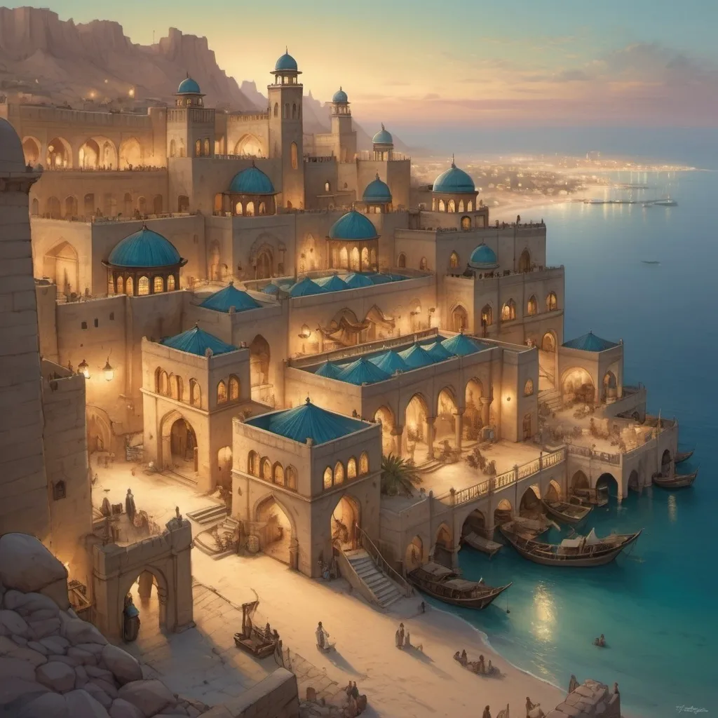 Prompt: Top-down Anton Pieck style illustration of a grand ottoman palace overlooking, a desert port with many stone quays, desert sand, summer, the sea shore in the background, exotic atmosphere, soft tones, nightfall, golden hour, desert, detailed buildings, crowded streets, exotic setting, warm lighting, intriguing, mysterious, bustling city, grand palace, blue-green ocean, mysterious, soft tones, nightfall, golden hour, desert shore, fantasy, heartwarming lighting