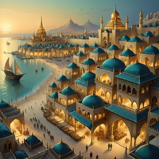 Prompt: Top-down Anton Pieck style illustration of a large port city, grand ottoman palace overlooking, the port has many stone quays, desert sand, summer, the sea shore in the background, pyramids in the distance, exotic atmosphere, soft tones, nightfall, golden hour, desert, detailed buildings, crowded streets, exotic setting, warm lighting, intriguing, mysterious, bustling city, grand palace, blue-green ocean, mysterious, soft tones, nightfall, golden hour, desert shore, fantasy, heartwarming lighting