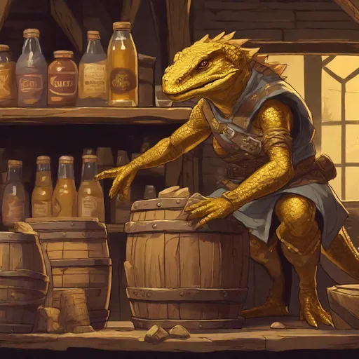 Prompt: a golden female lizardfolk warrior, Stealing jerky from a barrel in a general store in a fantasy concept style