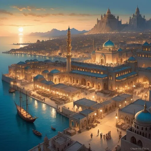 Prompt: Top-down Anton Pieck style illustration of a large port city, grand ottoman palace overlooking, the port has many stone quays, desert sand, summer, the sea shore in the background, a single pyramid in the distance, exotic atmosphere, soft tones, nightfall, golden hour, desert, detailed buildings, crowded streets, exotic setting, warm lighting, intriguing, mysterious, bustling city, grand palace, pyramid, blue-green ocean, mysterious, soft tones, nightfall, golden hour, desert shore, fantasy, heartwarming lighting