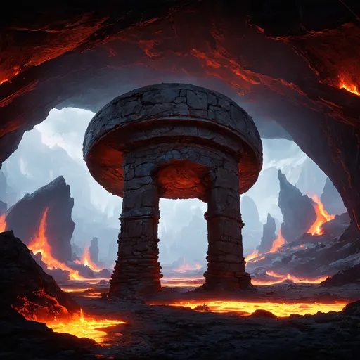 Prompt: A round, stone gateway three hundred feet high; the gateway is standing in the midst of a huge underground cavern lit by distant lava flows, in the style of fantasy concept art