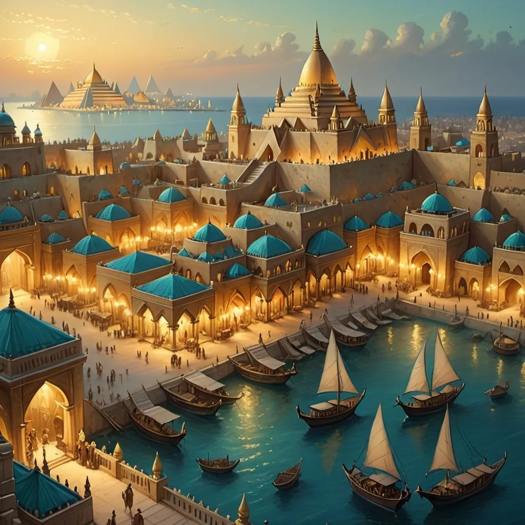 Prompt: Top-down Anton Pieck style illustration of a large port city, grand ottoman palace overlooking, the port has many stone quays, desert sand, summer, the sea shore in the background, pyramids in the distance, exotic atmosphere, soft tones, nightfall, golden hour, desert, detailed buildings, crowded streets, exotic setting, warm lighting, intriguing, mysterious, bustling city, grand palace, pyramids, blue-green ocean, mysterious, soft tones, nightfall, golden hour, desert shore, fantasy, heartwarming lighting