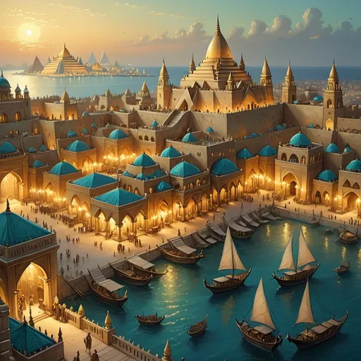 Prompt: Top-down Anton Pieck style illustration of a large port city, grand ottoman palace overlooking, the port has many stone quays, desert sand, summer, the sea shore in the background, pyramids in the distance, exotic atmosphere, soft tones, nightfall, golden hour, desert, detailed buildings, crowded streets, exotic setting, warm lighting, intriguing, mysterious, bustling city, grand palace, pyramids, blue-green ocean, mysterious, soft tones, nightfall, golden hour, desert shore, fantasy, heartwarming lighting