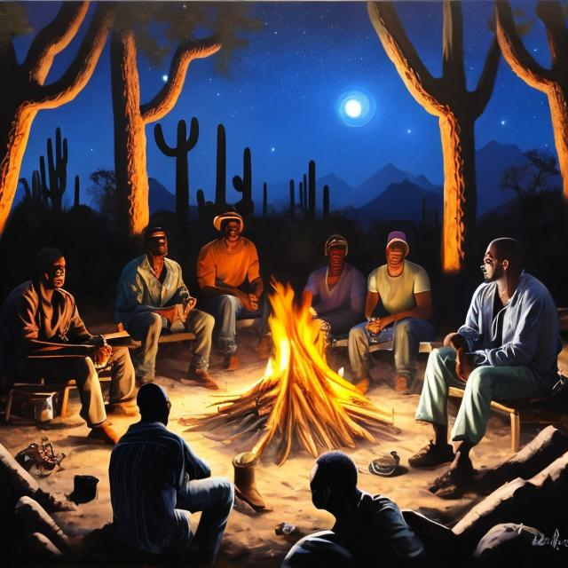 Prompt: realistic oil painting of a group of african american men and women hanging out around a campfire in the sonoran desert at night