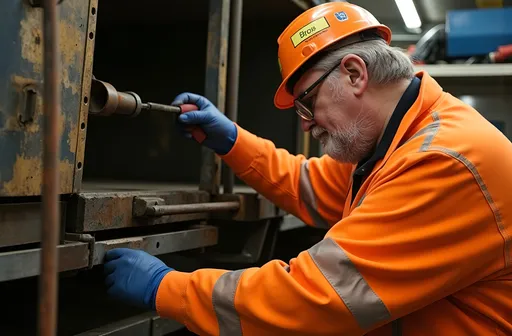 Prompt: Un mécanicien cheminot en tenue orange, remplaçant une roue à crevé d'un TGV. Ambiance dynamique, travail intensif, outils en main, arrière-plan ferroviaire animé, couleurs vives avec des nuances d'orange, détails autant sur les visages concentrés que sur la roue à plat , éclairage naturel accentuant le rougeisch de l'orange, ultra-détaillé, 4K.