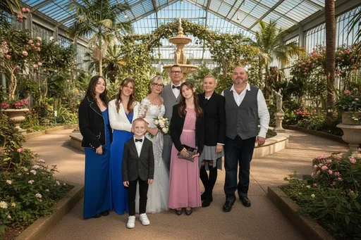 Prompt: À partir des photos fournies d’un groupe de mariés, génère des images où le groupe est intégré dans un décor hyper réaliste, photoréaliste ,jardin botanique. Ne modifie ni les visages ni les vêtements, ne pas lisser les visages, ne pas rajeunir. Conserve leur apparence originale et place-les dans des environnements féériques. L’éclairage et les ombres doivent être réalistes et harmonisés avec le décor. Le style doit être élégant, doux et cinématographique."