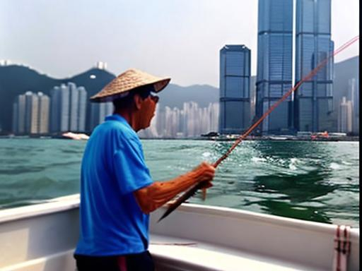 Prompt: fishman on boat catching fish at front. hong kong tall building background