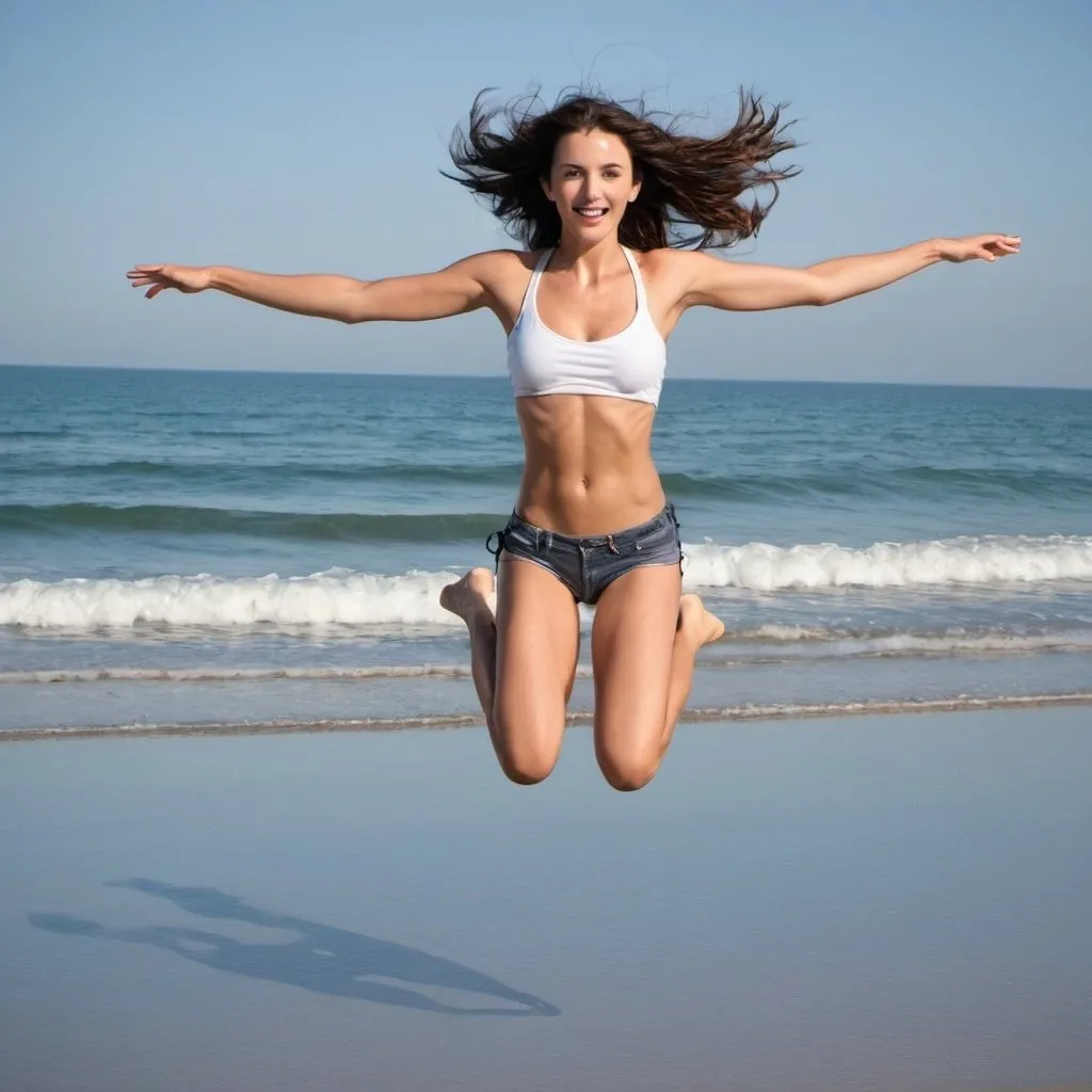 Prompt: Attractive lady at beach jumping