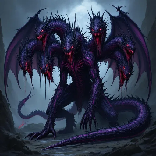 Prompt: Female half-archangel and demon, black body like a dragon, six separate heads, a tail that splits into six different blades, each with an eye, each head has six red eyes, long fangs dripping black ichor, spines along the spine are elongated into spikes, four giant arms like a dragon with long claws, six large black wings,  a dark fantasy style, depicting a fearsome, multi-headed monster. The monster has six large, serpentine heads with dark, scaly textures and glowing red eyes and teeth. Each head is aggressive, with mouths open wide, showing sharp, jagged teeth and dripping purple saliva. The creature's skin is a deep, almost black purple with lighter purple highlights, and it has a rough, textured appearance. 