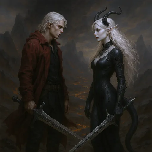 Prompt: This is a highly detailed digital painting depicting a dramatic fantasy scene between two central figures standing in a rocky, volcanic landscape. The background is dominated by dark, jagged mountains and a cloudy, smoky sky with glowing embers and lava flows, adding a sense of danger and intensity.

The male figure on the left has pale skin, white hair, and is wearing a long, tattered red coat over a black shirt and pants. He holds an intricately designed, large sword with a dark, ornate hilt in his right hand, and his expression is intense and focused as he gazes at the female figure.

The female figure on the right has long, flowing white hair, pale skin, and is adorned with black, curved horns. She wears a black, form-fitting dress with intricate lace patterns and long, black gloves. Her dress is complemented by a black, spiked tail that curls around her legs. She holds a similarly large, ornate sword in her right hand, and her expression is calm yet commanding as she looks back at the male figure.

The textures in the image are rich and realistic, with the rough, jagged rocks and the flowing, almost ethereal hair of the characters standing out. The overall style is dark fantasy, with a strong emphasis on contrast and dramatic lighting.