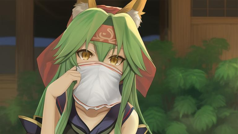 Prompt: tamamo no mae from fate/go
wearing a bandana that cover her mouth