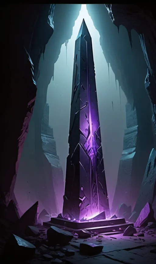 Prompt: An obelisk in an underdark cavern, big chunks of  fragments missing from it (see the obelisk in the attached composition reference, where the metallic grey part is visible on the reference that big part of the obelisk should be missing). Energy crackles around it. dominant colour is purple and black