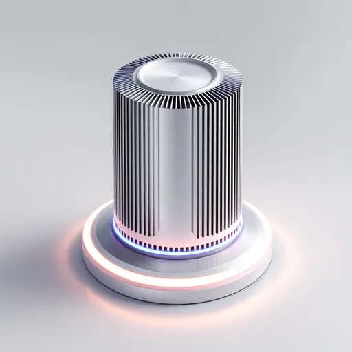 Prompt: "A futuristic metallic heating device, cylindrical shape with minimalist grooves, 
matte silver and white gradient finish, glowing blue LED indicator ring, 
aerospace-grade aluminum texture, clean laboratory environment, 
soft diffused lighting, ultra-detailed 3D render, octane rendering, 
isometric perspective, no flame no smoke, tech product design aesthetic"