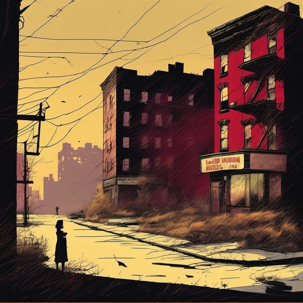 Prompt: (1940s Harlem empty playground), eerie atmosphere, horror poster style, deep red and gold tones, dramatic lighting, atmospheric shadows, haunting silence, vintage signage, cracked swings, faded paint, overgrown weeds, tall ominous buildings in the background, (highly detailed), nostalgic yet foreboding mood, cinematic depth, sense of abandonment, chilling stillness.